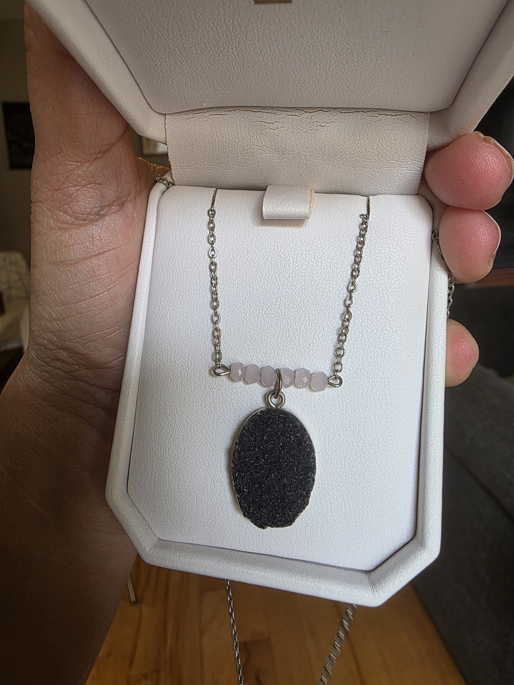 Silver Chain Necklace with Black Druzy Pendant and Pink Beads